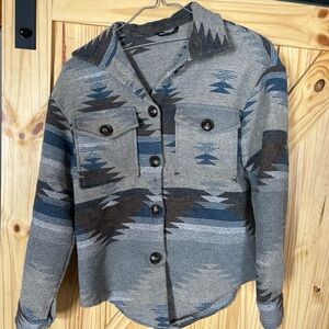 SHEIN Gray and Blue Aztec Print Button-Up Jacket